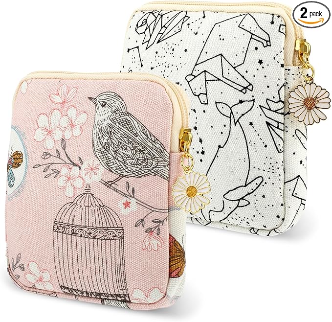 Amabro Sanitary Napkin Storage Bag, 2PCS Period Bags Cute Sanitary Pad Storage Pouch Tampon Pantyliners Menstrual Purse Daisy Zipper for Women Teen Girls School Travel Feminine Product(Bird)