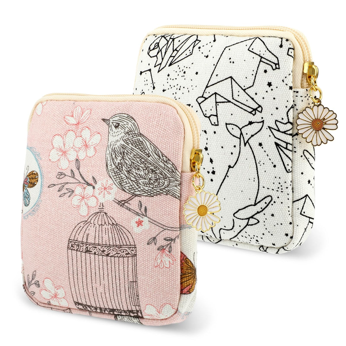 Amabro Sanitary Napkin Storage Bag, 2PCS Period Bags Cute Sanitary Pad Storage Pouch Tampon Pantyliners Menstrual Purse Daisy Zipper for Women Teen Girls School Travel Feminine Product(Tower)
