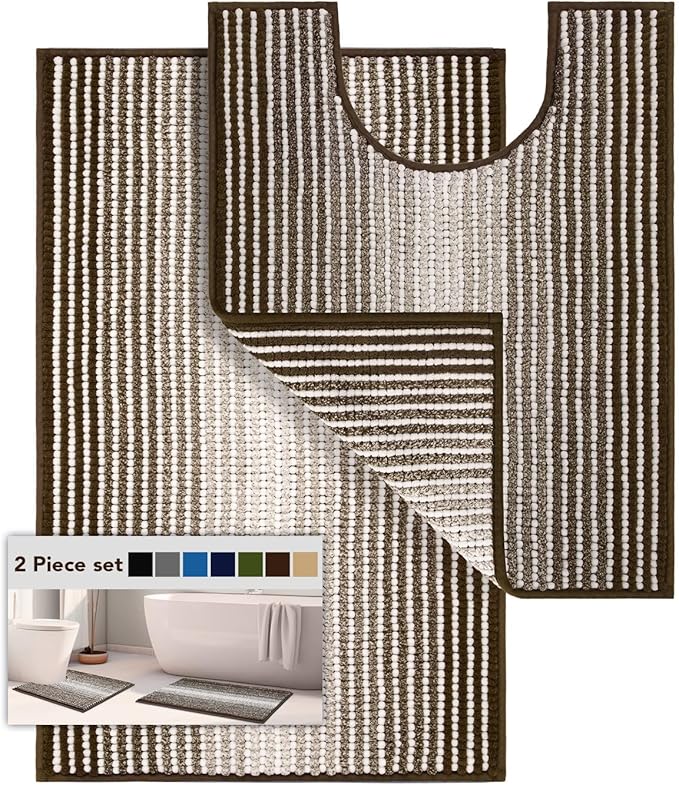 Bathroom Rugs Sets 2 Piece, Toilet Rugs U-Shaped, Contour Bath Mat Set for Toilet Bathroom, Soft Absorbent Chenille Bath Carpet, Quickly Dry, Washable (Coffee, 32" x 20" + 24" x 20")