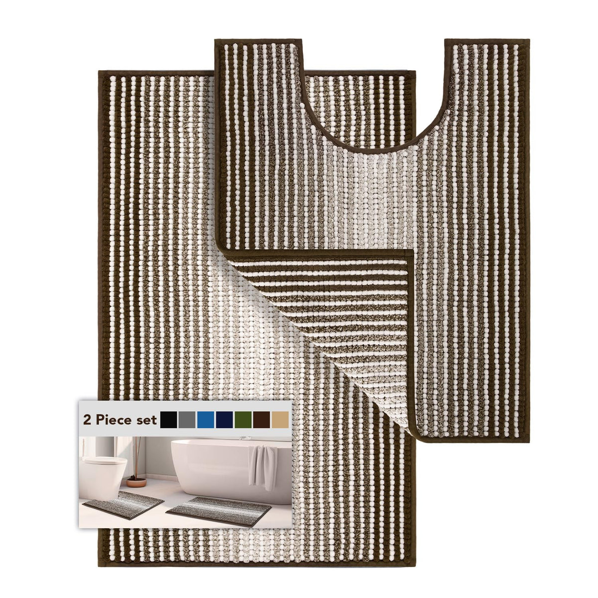 BSICPRO Bathroom Rugs Sets 2 Piece, 32"x20" + U-Shaped 24"x20", Navy Blue