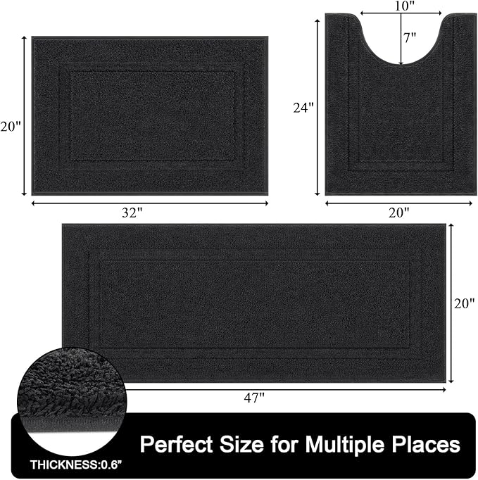 SHACOS Black Bathroom Rugs Sets 3 Piece Bath Mat U Shaped Toilet Rug