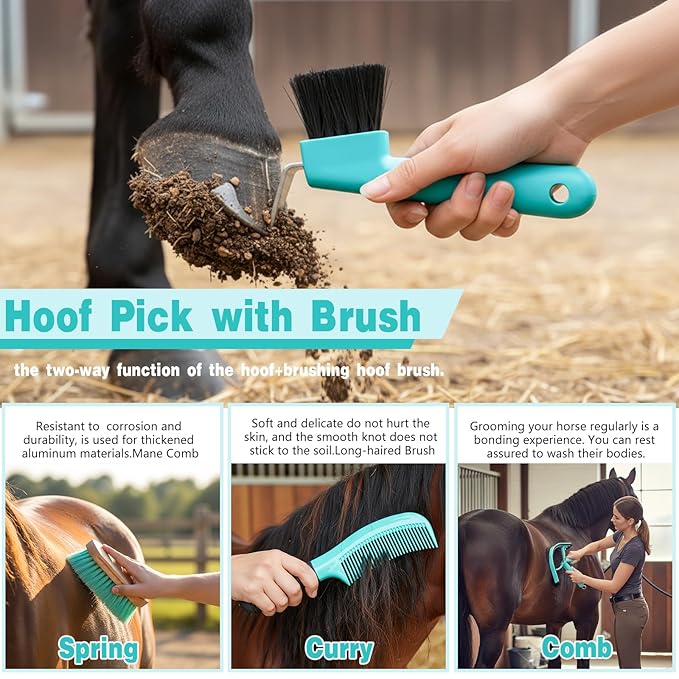 Abbylike 12 Pieces Horse Grooming Kit with Organizer Tote Bag Tack Room Supplies Horse Brush Sets Equine Care Cleaning Kit Shedding Grooming Massaging Tools (Mint Green and Grey)