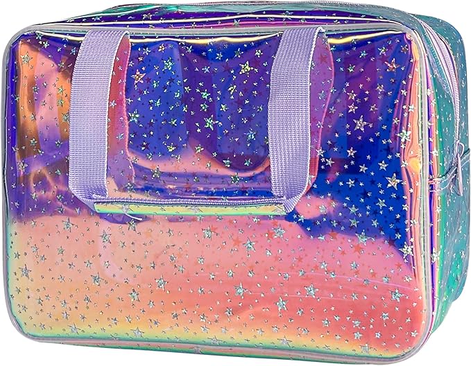 TotePrint Holographic Purple Star Large Cosmetic Bag and Travel Pouch with Handle,Durable Material,Zipper Design-Ideal for Makeup,Travel Essentials (Purple Handle)