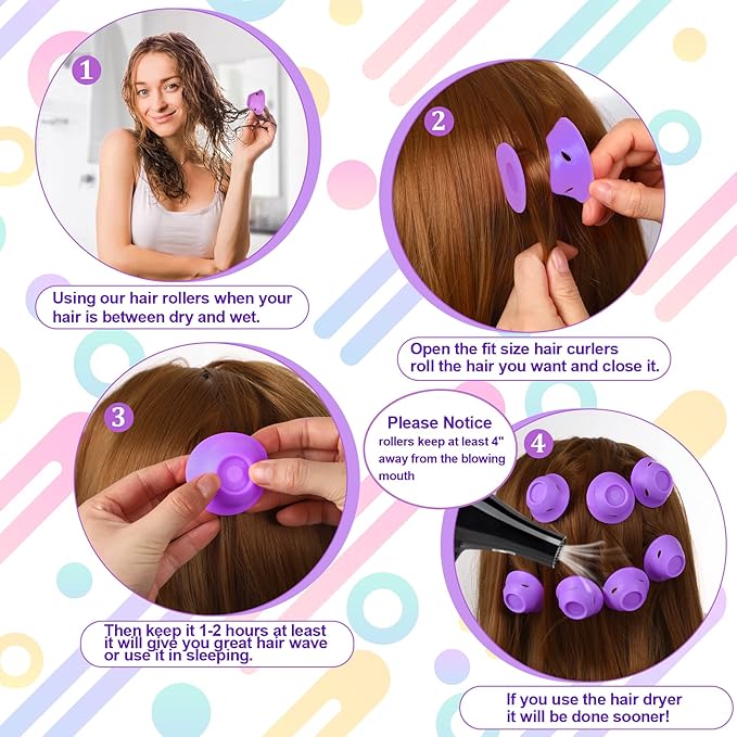 JANYUN 40 Pcs Purple Magic Hair Rollers Include 20pcs Large Sleeping Silicone Curlers 20pcs Heatless Small Hair Curlers (Purple)