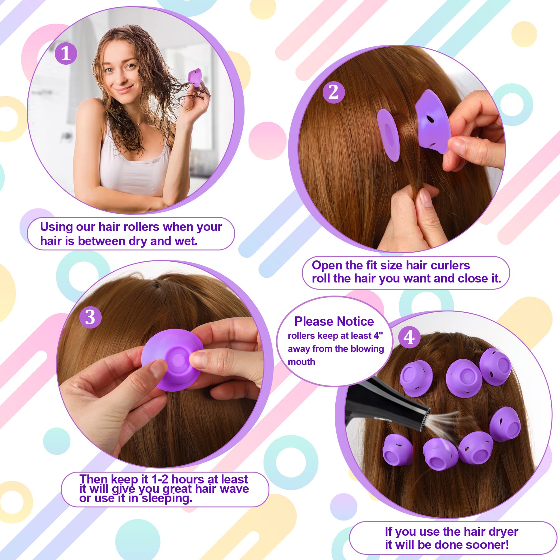 JANYUN 40Pcs Purple Hair Rollers,Silicone Heatless Curlers for Women Girl