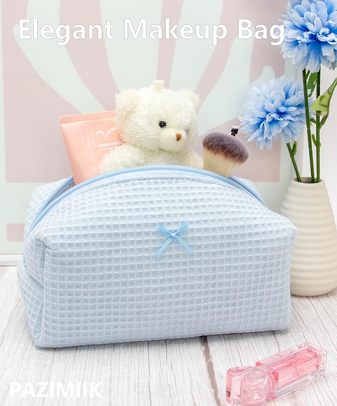 PAZIMIIK Cozy Makeup Bag for Women,Zipper Cosmetic Pouch,Waffle Blue,6 Pack