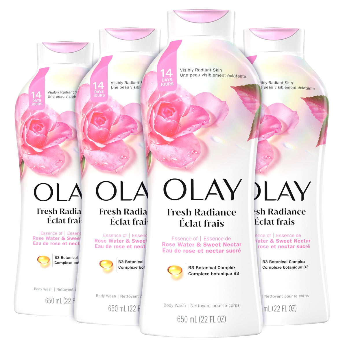 Olay Body Wash for Women, Fresh Radiance, Refreshing & Renewing, Made with Plant Based Cleansers, B3 Botanical Complex, For All Skin Types, Rose Water & Sweet Nectar Scent, 22 fl oz (Pack of 4)