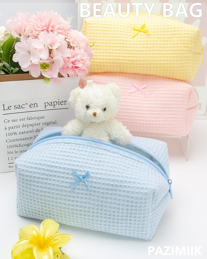 PAZIMIIK Cozy Makeup Bag for Women,Zipper Cosmetic Pouch,Waffle Blue,6 Pack
