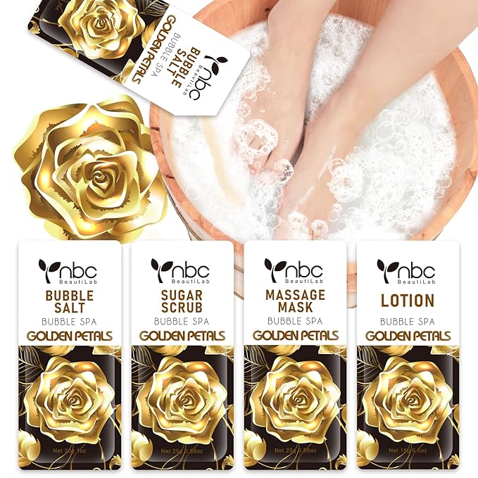 nbc BeautiLab Pedicure Kit Foot Soak Set: Bubble Salt, Sugar Scrub, Massage Mask, Massage Lotion in a Box, 4 Step Foot Spa Kit for Dry Feet,Tired Feet (1 Set Golden Petals)