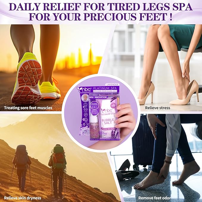 nbc BeautiLab Pedicure Kit Foot Soak Set: Bubble Salt, Sugar Scrub, Massage Mask, Massage Lotion in a Box, 4 Step Foot Spa Kit for Dry Feet,Tired Feet(Lavender)