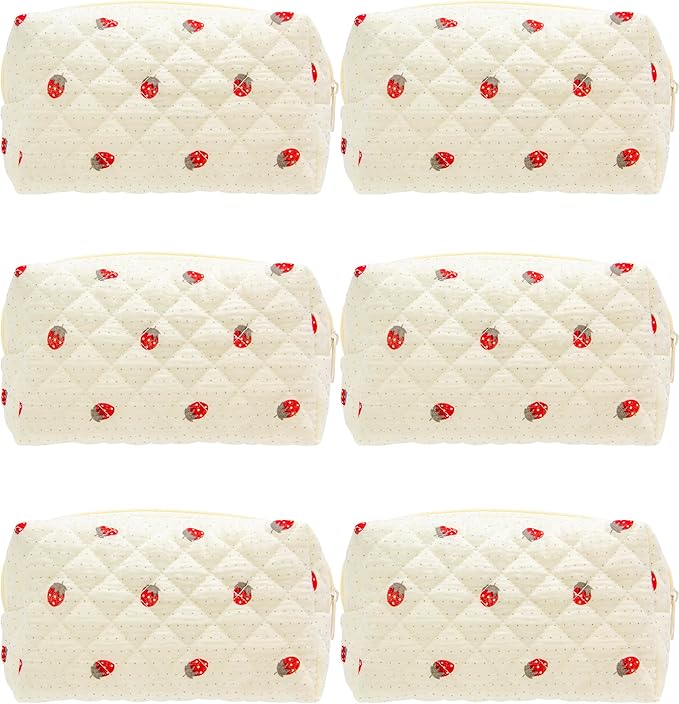 Small Quilted Makeup Bag,Zipper Cosmetic Pouch,Gauze Strawberry,6 Pack