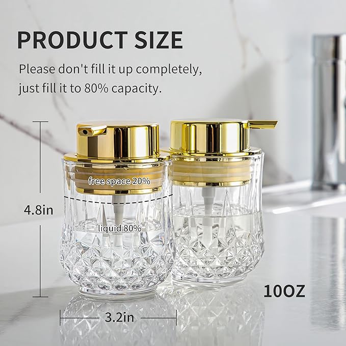 Glass Soap Dispenser Set - 2 Pack Bathroom Hand Liquid Soap Dispensers,Refillable Dish Soap Dispenser for Glod Pump,Modern Home Soap Dispenser for Bathroom,Kitchen