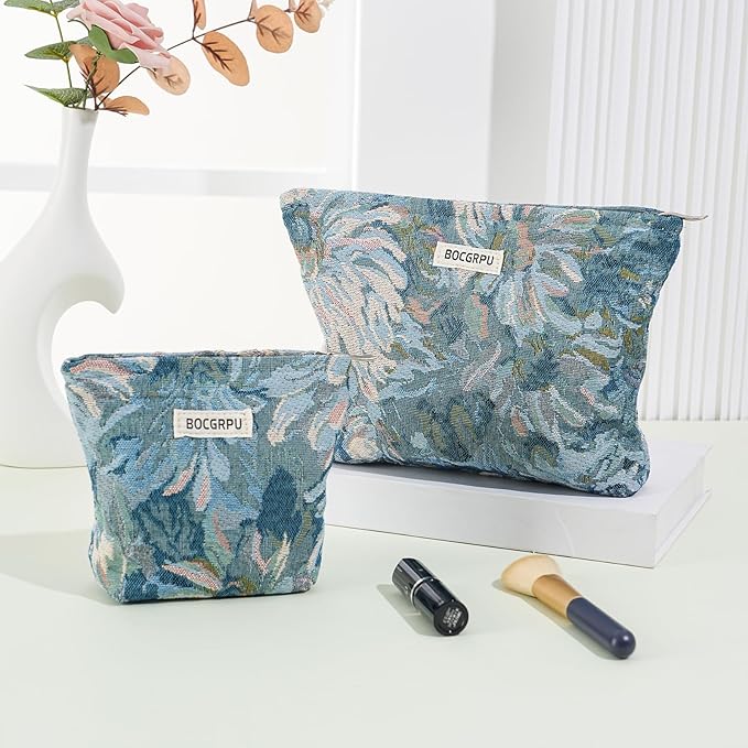 BOCGRPU 2 Pcs Aesthetic Cosmetic Bag Set, Vintage Jacquard Floral Makeup Pouches for Purse Travel, Large Capacity Tapestry Toiletry Organizer with Zipper, Gifts for Women Girls (Oil Painting Blue)