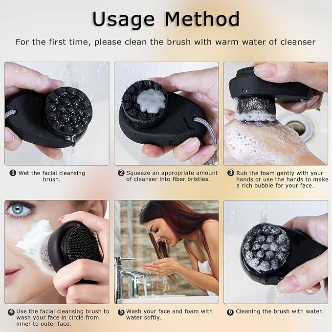 2 Pack Facial Cleansing Brush 2 in 1 for Face Exfoliation, Soft Bamboo Charcoal Microfiber Bristle Dual Face Silicone Scrubber Brush for Pore Deep Cleansing Skincare with Lid, Black+Gradient