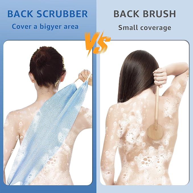 Culture Gifts Extended Exfoliating Back Scrubber with Handles, Nylon Cleaning Exfoliator Washcloth for Body, Stretchable Pull Strap Soft Quick-Drying Rough Scrub Towel, Blue