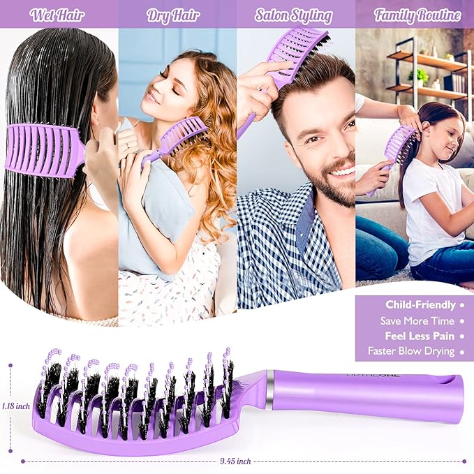 Hair Brush,URTHEONE Detangling Hairbrush Boar Bristle Curved Vented Hair Brush for Women Men Kids Curly Thick Long Short Wet or Dry Hair, Faster Blow Drying(2Pack, Black&Purple）
