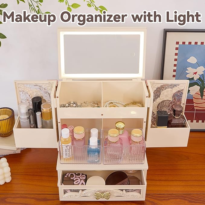 Makeup Box Organizer with LED Mirror Vintage Cosmetic Storage Cabine White