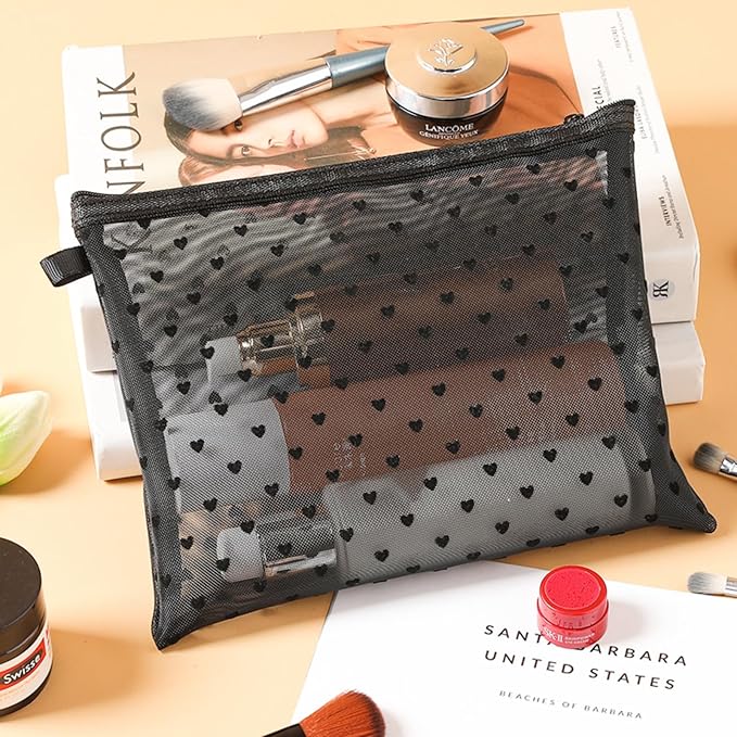 TRAKWAN 4-Piece Heart Printed Mesh Makeup Bag Set, Portable Travel Mesh Cosmetic Bags Toiletry Bags Makeup Purse Bags Mesh Zipper Storage Pouches for Home Offices Travel Accessories (Black)