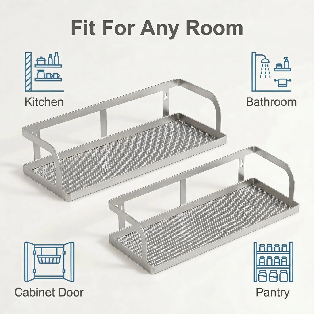 PUSDON 2-Pack Wide Hollowout Shower Caddy & Spice Rack, Wall Mount Bathroom Organizer with Mesh Bottom, Easy Access Cabinet Door Shelf Holds 50LBS - Silver Gray, Hollowout