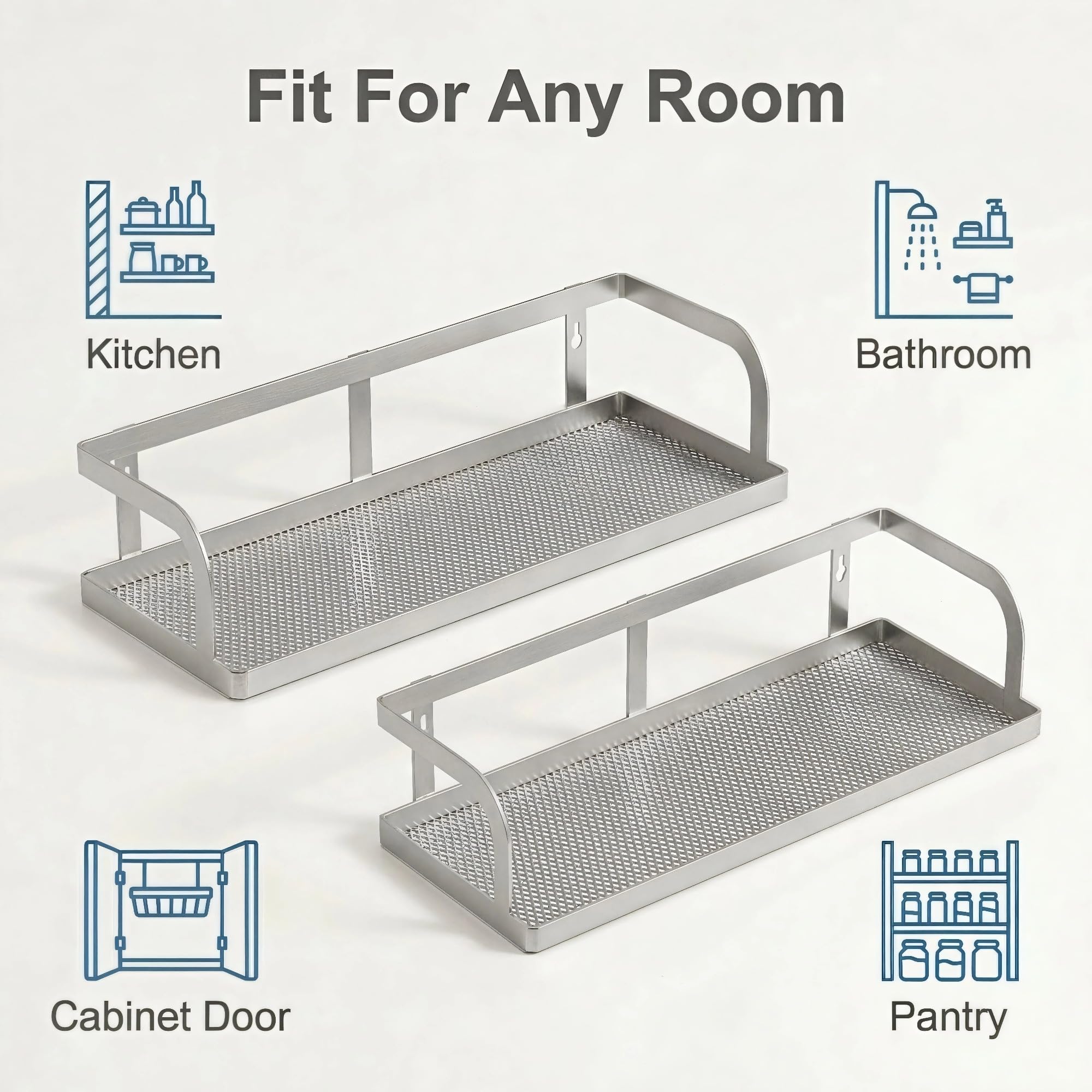 PUSDON 2-Pack Wide Hollowout Shower Caddy & Spice Rack, Wall Mount Bathroom Organizer with Mesh Bottom, Easy Access Cabinet Door Shelf Holds 50LBS - Silver Gray, Hollowout