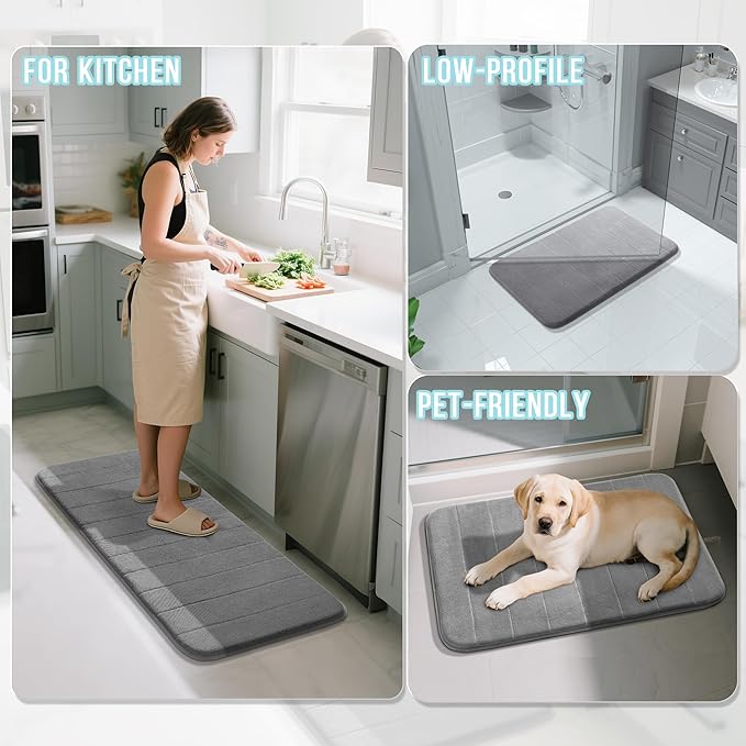 Yimobra Memory Foam Bath Mat Set 2 Piece - Super Soft Absorbent Quick Dry Bathroom Toilet Rugs, Machine Washable Non Slip Floor Carpet for Tub Shower & Single Sink (31.5x20 & 24x20, Gray)