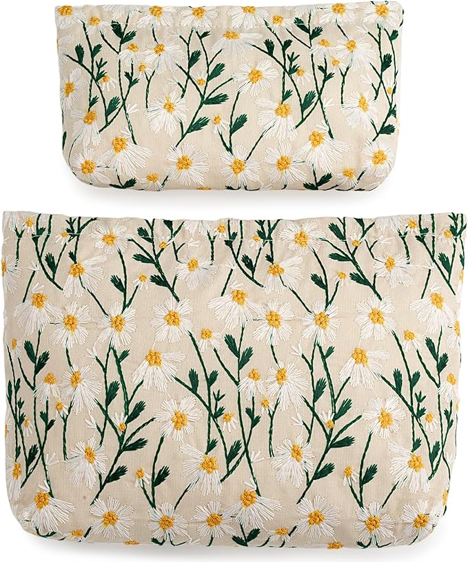 RIKMOXR 2 Pcs Makeup Bags, Large Cosmetic Bag Travel Toiletry Bag Organizer for Women, Embroidery Craft, Floral Makeup Bag Small Cosmetic Pouch Purse with Zipper Gifts for Girls Teen
