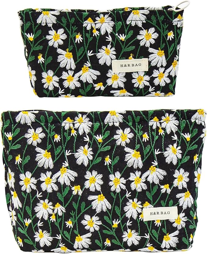 getgto 2 Pcs Makeup Bags, Large Cosmetic Bag Travel Toiletry Bag Organizer for Women, Embroidery Craft, Floral Makeup Bag Small Cosmetic Pouch Purse with Zipper Gifts for Girls Teen
