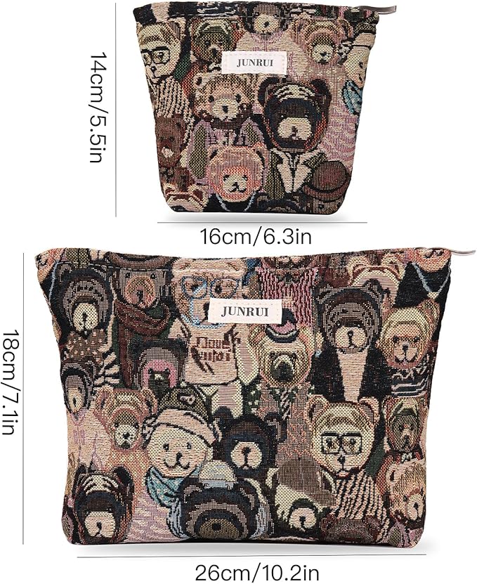 BOCGRPU 2PCS Makeup Bag Small Cute Cosmetic Bags for Women，Bear Pattern Travel Toiletry Bag for Purse, Large Canvas Cosmetic Pouch Makeup Organizer Tool Pouch with Zipper（Bear Brown）