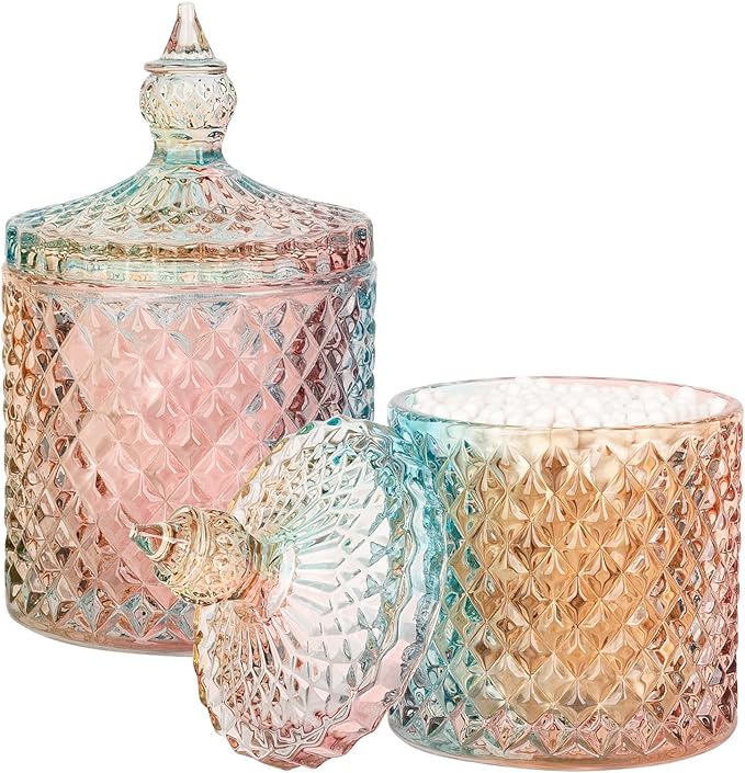 2 Pack Qtip Holder Apothecary Jars with Lid, Small and Large Rainbow