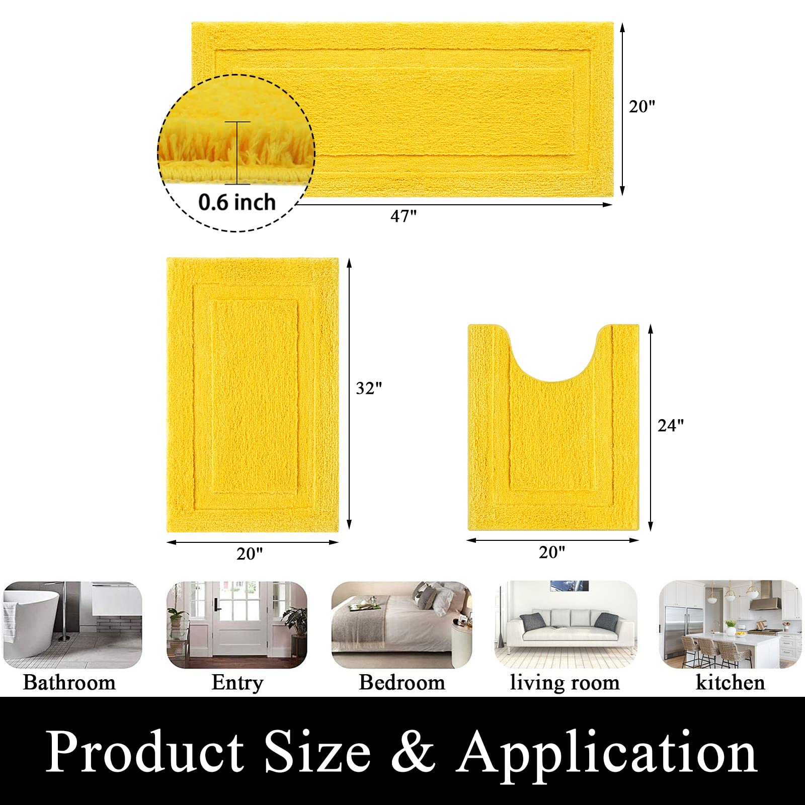 SHACOS Yellow Bathroom Rugs Sets 3 Piece Bath Mat U Shaped Toilet Rug