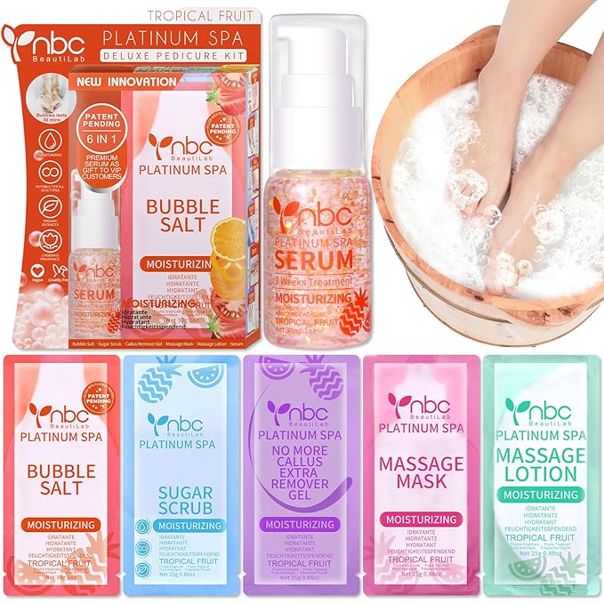 nbc BeautiLab Pedicure Foot Soak Set - Upgraded 6 in 1 Foot Spa, Foot Bath Spa, Pedicure Kit, Foot Soak for Tired & Dry Cracked Feet, Athletes Feet, Bad Odor, Softens Calluses (Tropical fruit)