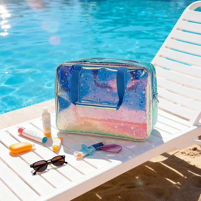 TotePrint Holographic Blue Clear Star Large Cosmetic Bag and TPU Travel Pouch with Handle,Durable Material,Zipper Design-Ideal for Makeup,Travel Essentials (Holographic Blue+Star)