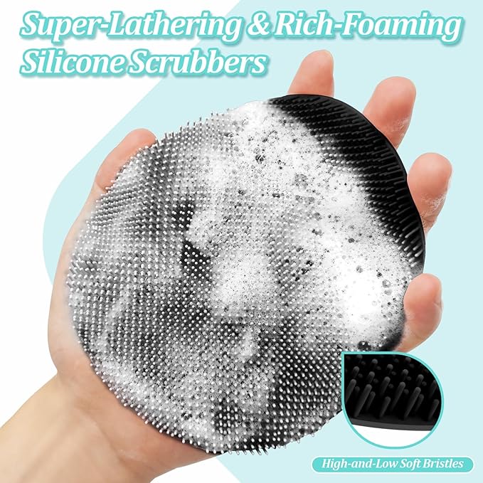 Silicone Bath Gloves 2PCS, 360° Anti-Slip & Enlarged Silicone Body Scrubber for Rich Foaming Deep Cleaning, Revolutionary No-Grip & Hand-fit Shower Scrubber for All Skin Types.(Blackx2)