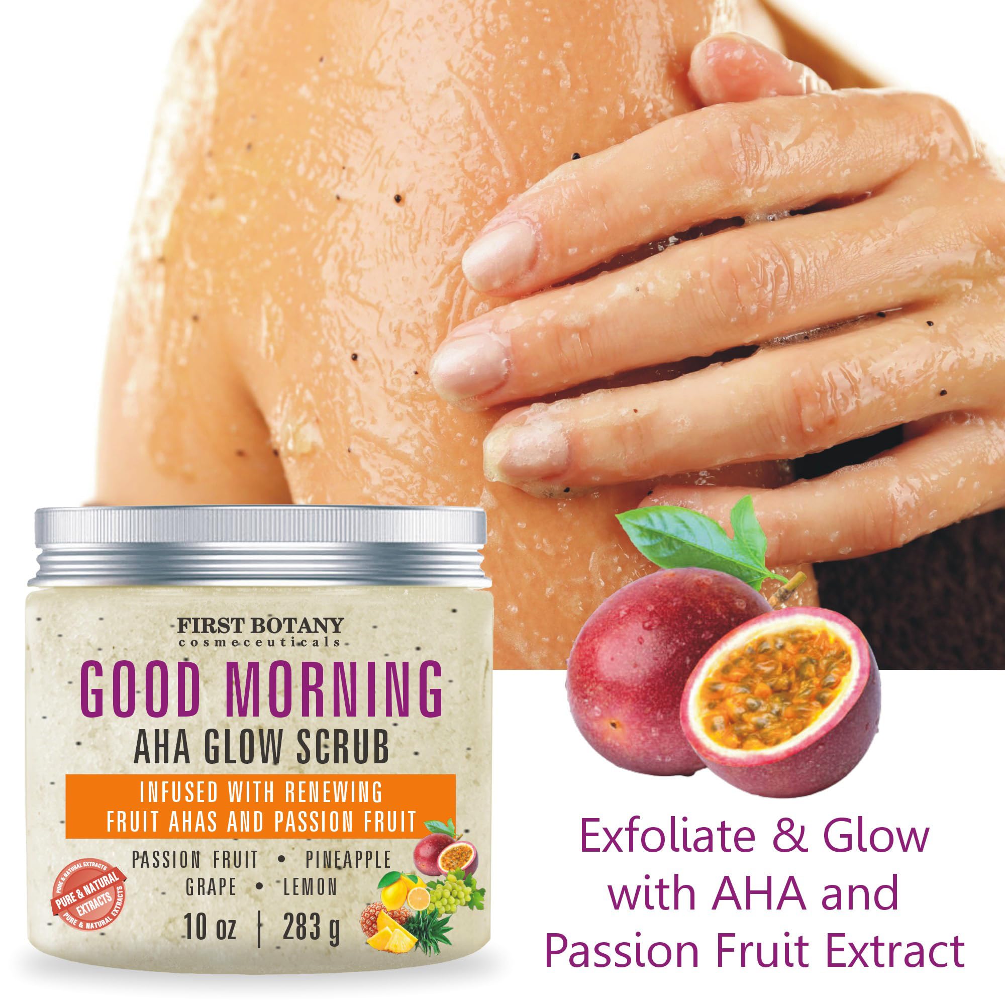First Botany Body Scrub - Natural Exfoliating Salt Scrub & Body and Face Souffle helps with Moisturizing Skin, Acne, Cellulite, Dead Skin Scars, Wrinkles (10 fl oz, AHA Passion Fruit)