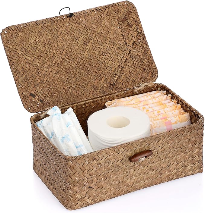 Sumnacon Small Wicker Basket with Lid Rectangle Woven Baskets for Toiletries Tampon Storage,Wicker Storage Basket with Lid,Decorative Seagrass Storage Baskets for Shelf Bathroom Toilet Table,Coffee