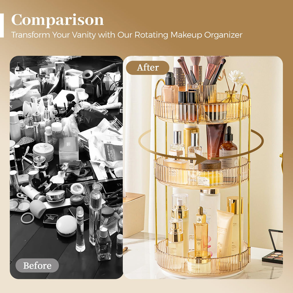 Aveniee 360° Rotating Makeup Organizer for Vanity, Upagraded Perfume Skincare Bathroom Counter Organizers with Brush Divider, 3 Tier Spinning Lipstick Cosmetic Lotion Storage,Gold