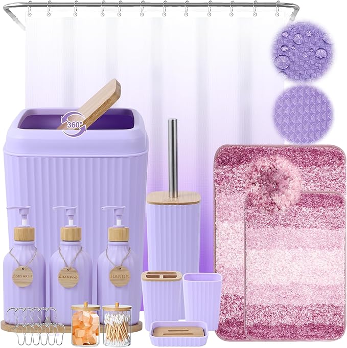 32PCS Bathroom Set Bathroom Accessories with Shower Curtain and Bath Towel,Trash Can,Bathroom Decor,Toilet Brush,Trash Can & 3PCS Soap Dispenser