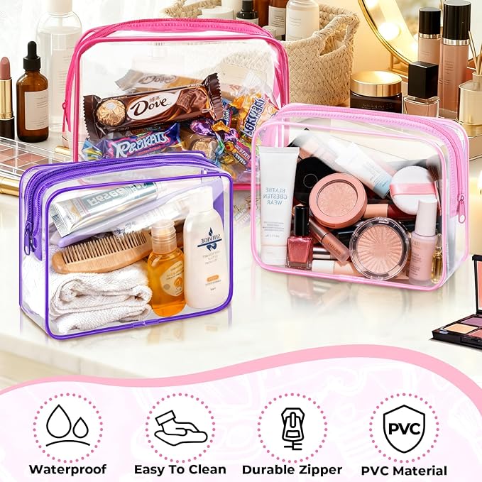 CHICAUP 6 Pieces Clear Makeup Bags Bulk TSA Approved Toiletry Bag for Travel PVC Waterproof Clear Cosmetic Pouch with Zipper for Men and Women Carry-on Travel Essentials (Pink)