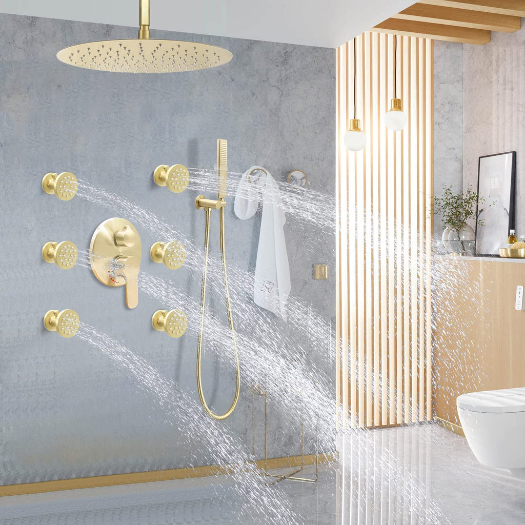 (Upgrade) Solid Brass Shower Jets with On Off Switch Brushed Gold Round Shower Body Sprays Massage Wall Jets Rotating Showerhead Body Sprayers Adjustable, NPT 1/2”