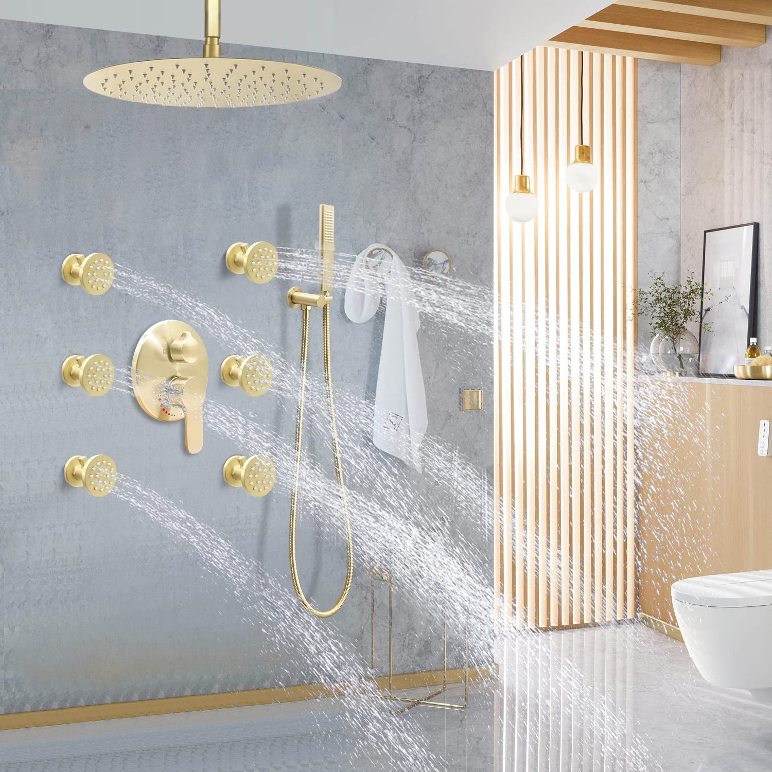 (Upgrade) Solid Brass Shower Jets with On Off Switch Brushed Gold Round Shower Body Sprays Massage Wall Jets Rotating Showerhead Body Sprayers Adjustable, NPT 1/2”