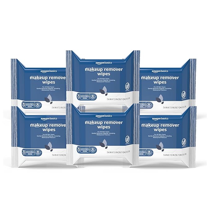 Amazon Basics Makeup Remover Wipes, Gentle Cleansing, Dermatologist Tested, Original, Plant Based, Alcohol-Free, Removes Waterproof Mascara, pH Balanced, 25 Count, 6-Pack