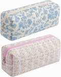 WHHJM Cute Floral Makeup Brush Bag Small Cotton Quilted Cosmetic Bag for Women Travel Toiletry Zipper Make Up Pouch (Two Pack: (Blue + Pink Floral)