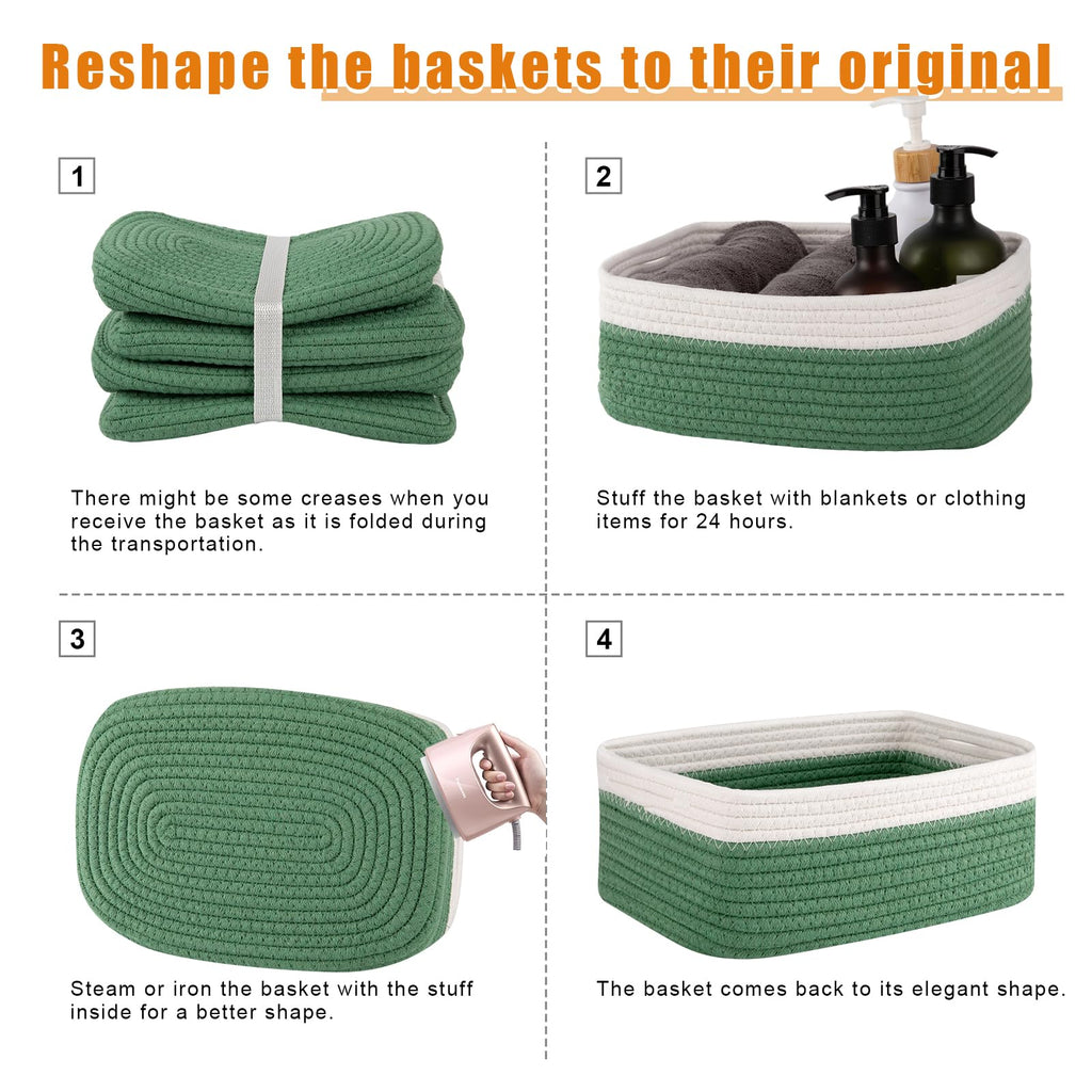 OIAHOMY 4 Pack Storage Baskets for Organizing, Small Bins for Shelves, Cute Decorative Storage Bins, Organizer Baskets for Gifts Empty, 11.8''Lx7.8''Wx4.7''H, Green/White
