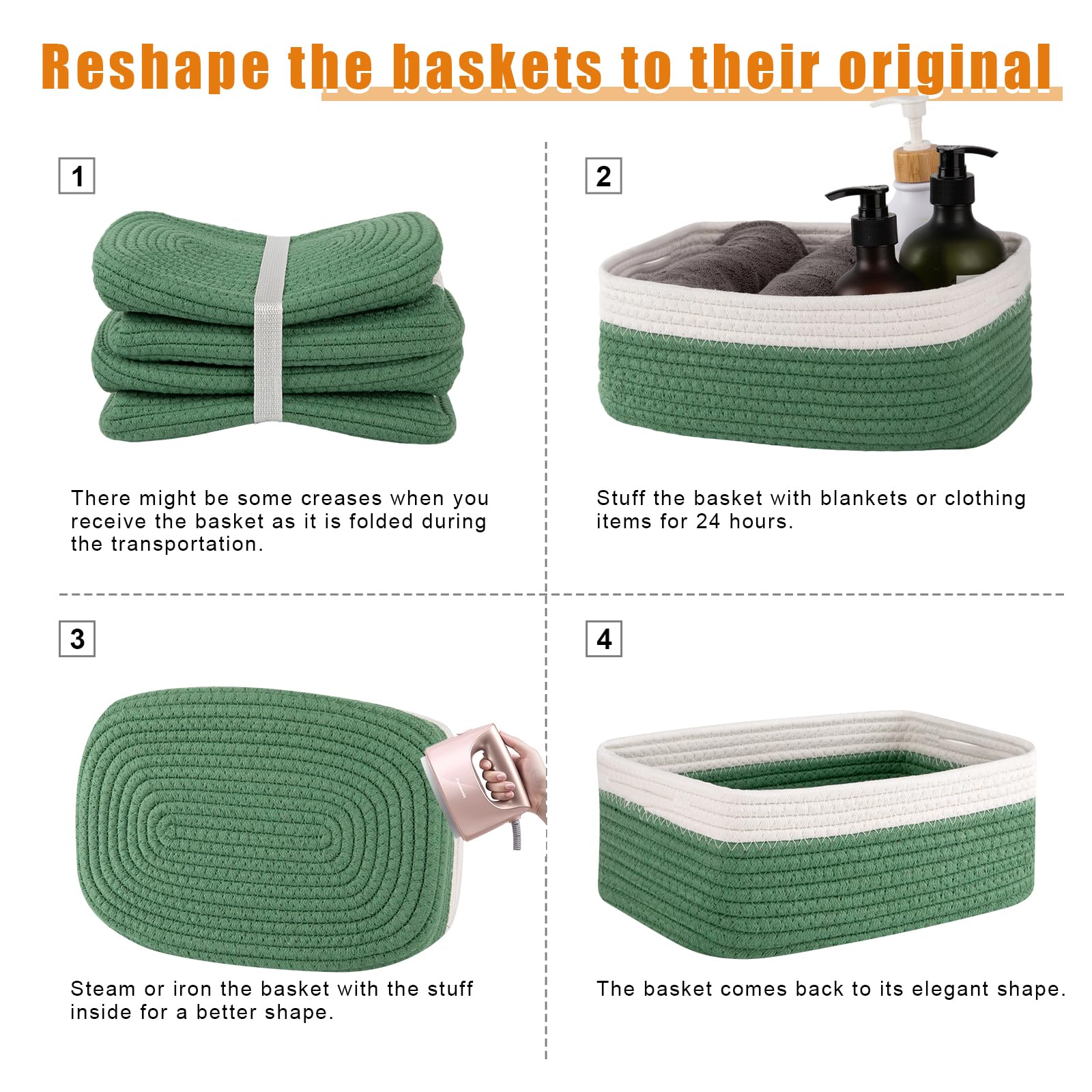 OIAHOMY 4 Pack Storage Baskets for Organizing, Small Bins for Shelves, Cute Decorative Storage Bins, Organizer Baskets for Gifts Empty, 11.8''Lx7.8''Wx4.7''H, Green/White