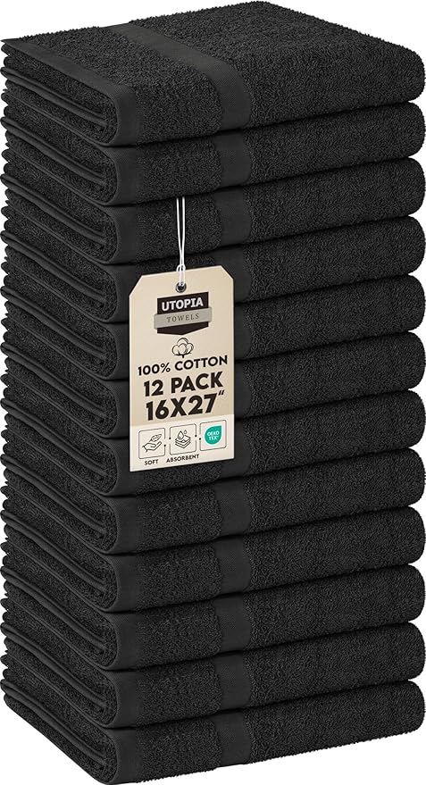 Utopia Towels, Salon Towel, Pack of 12, Not Bleach Proof, 16 by 27 Inches, Highly Absorbent Cotton Towels for Hand, Gym, Beauty, Spa, and Home Hair Care, Black