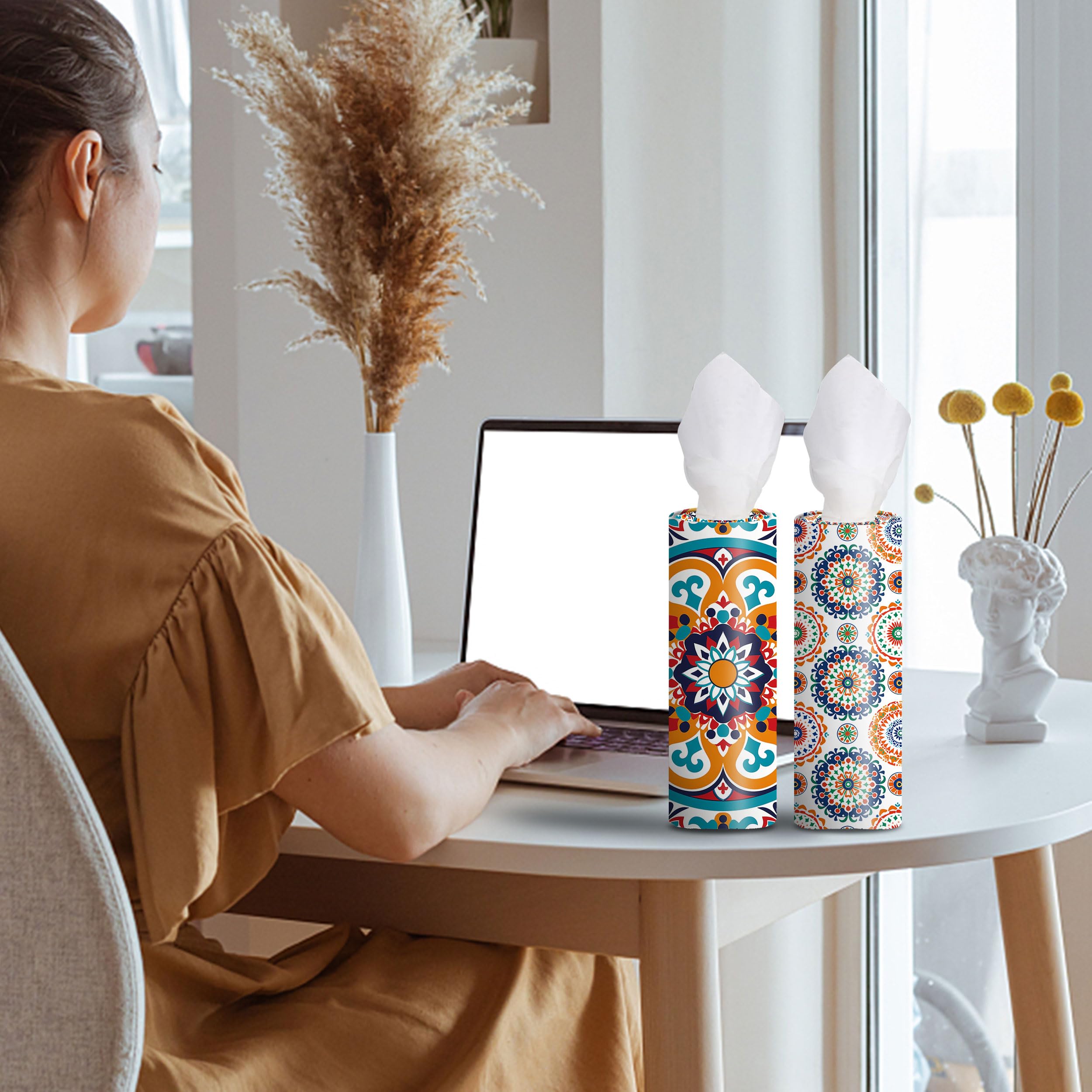 VIYNRAN 4-Pack Car Tissue Cylinders - Retro Boho Pattern, Fits Car Cup Holders, Travel Tissue Tubes with Facial Tissues (Retro Design)