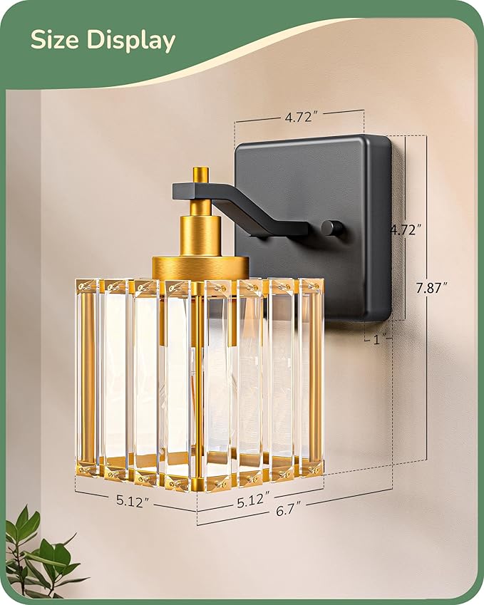 EDISHINE Black Gold Bathroom Vanity Light Fixtures with Crystal Shade, E26