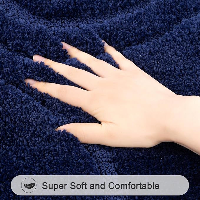 HEBE Bathroom Rugs Sets 5 Piece, Soft Absorbent Microfiber Bath Mat for Bathroom, Non Slip Washable Bath Rug Set with Toilet Cover, Bath Runner and U-Shaped Contour Toilet Rug, Navy Blue