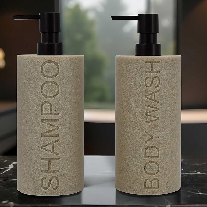 Indecor Home Resin 2 Pack Shampoo, Conditioner or Body Wash Dispenser Set, Luxurious Refillable Pump Bottles with Matte Pump Top and Embossed Text, Durable Design for Bathroom and Shower
