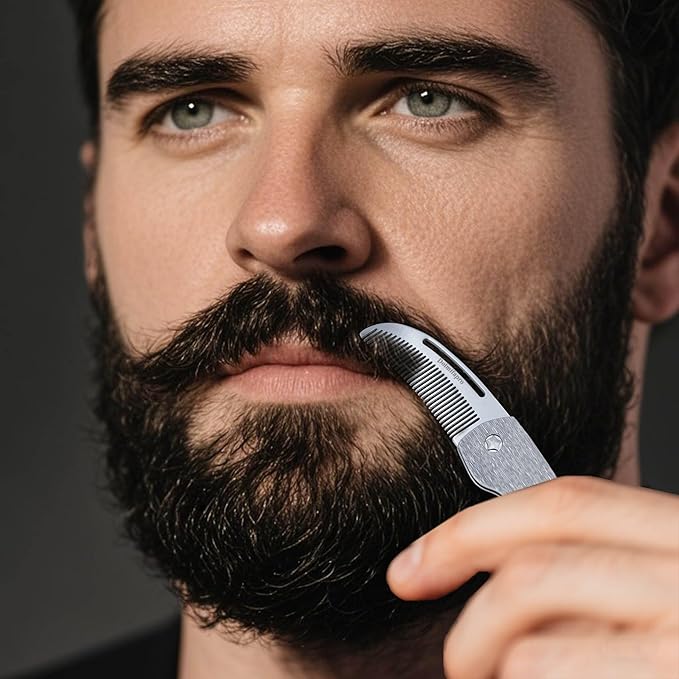 Dolmifapro Small Folding Mustache Comb, Metal Beard Comb for men EDC Pocket Mini Portable Fits In Keychain Anti-Static (Wood Grain)